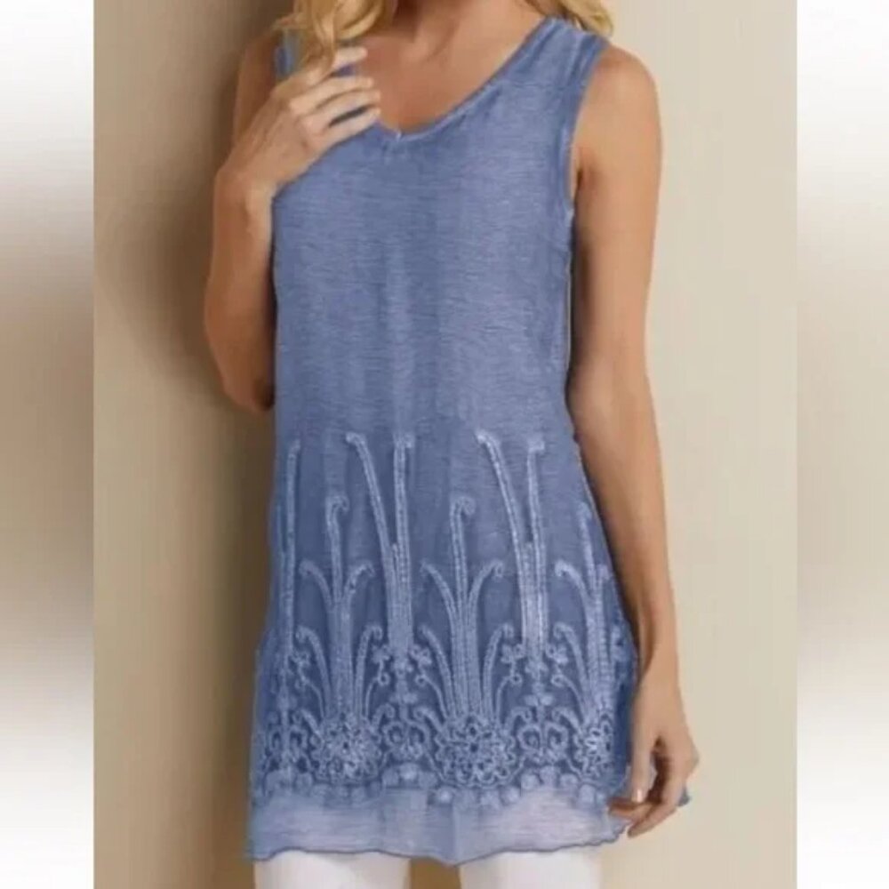 Soft Surroundings Blue Embroidered Sleeveless Tunic